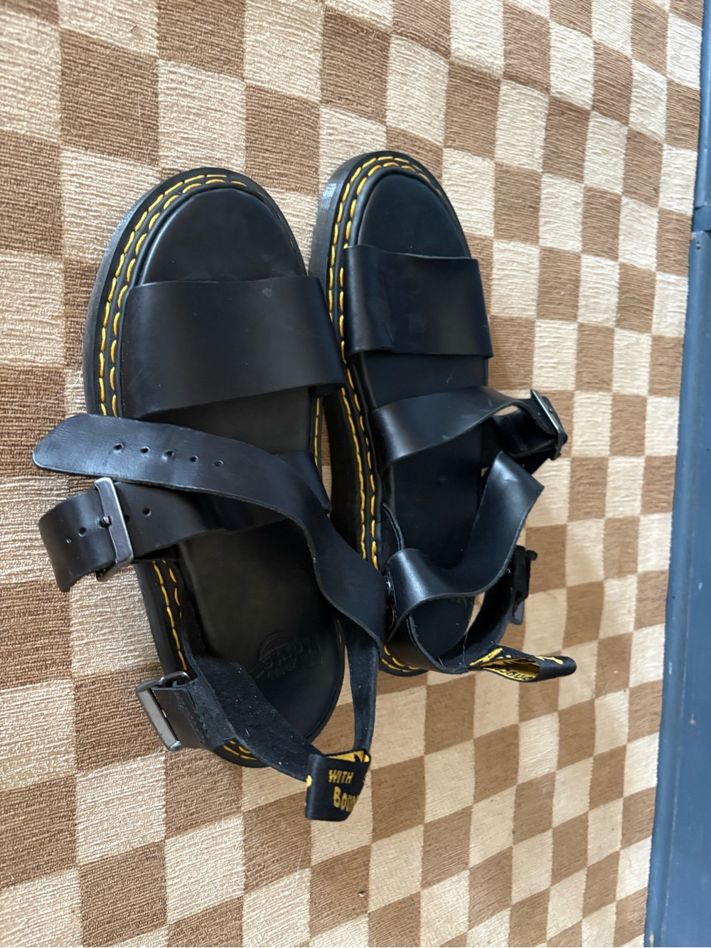 Dr. Martens Black Leather Platform Sandals with Yellow Stitching